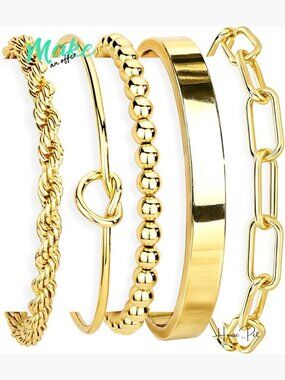 14K Gold Plated Stainless Steel Cuff Bracelet Set Stackable Adjustable